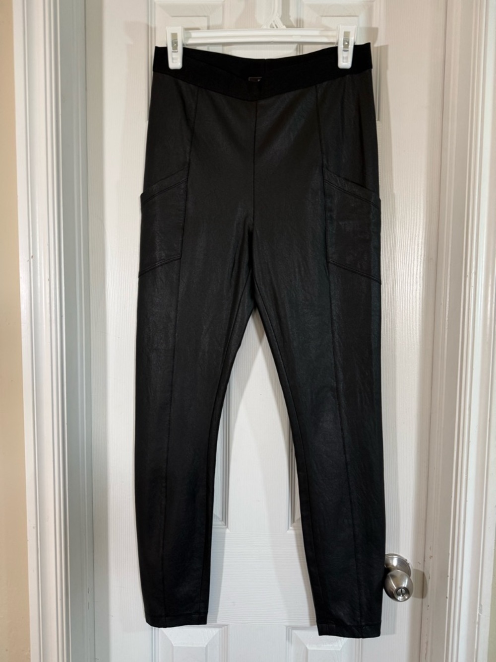 BCBGMaxAzria Black High-Waist Faux Leather Seamed Leggings with Side Pockets